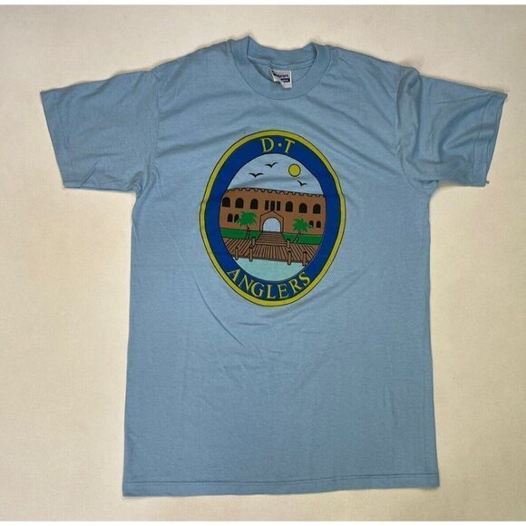 VINTAGE DT Anglers Graphic T-shirt Men Medium Blue USA 80s Single Stitch - Picture 1 of 9